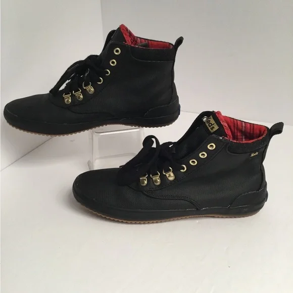 Keds Black Lace-Up High-Top Boots with Red Plaid Lining - Picture 10 of 11